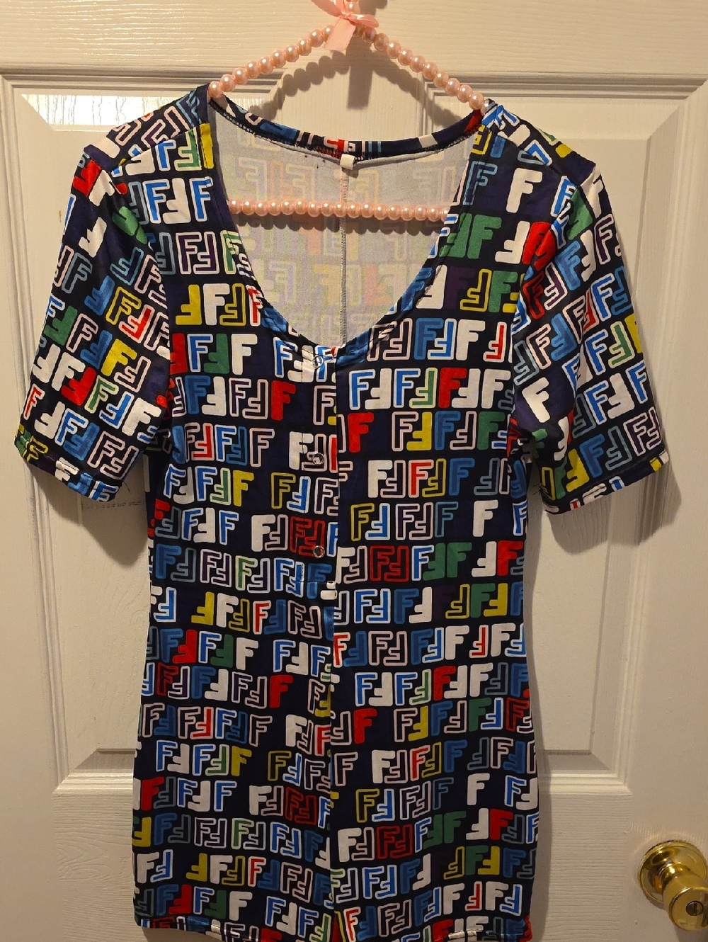Multicolor Double F Aesthetic Logo-Print Short Sleeve Women's Shorts Jumpsuit.
